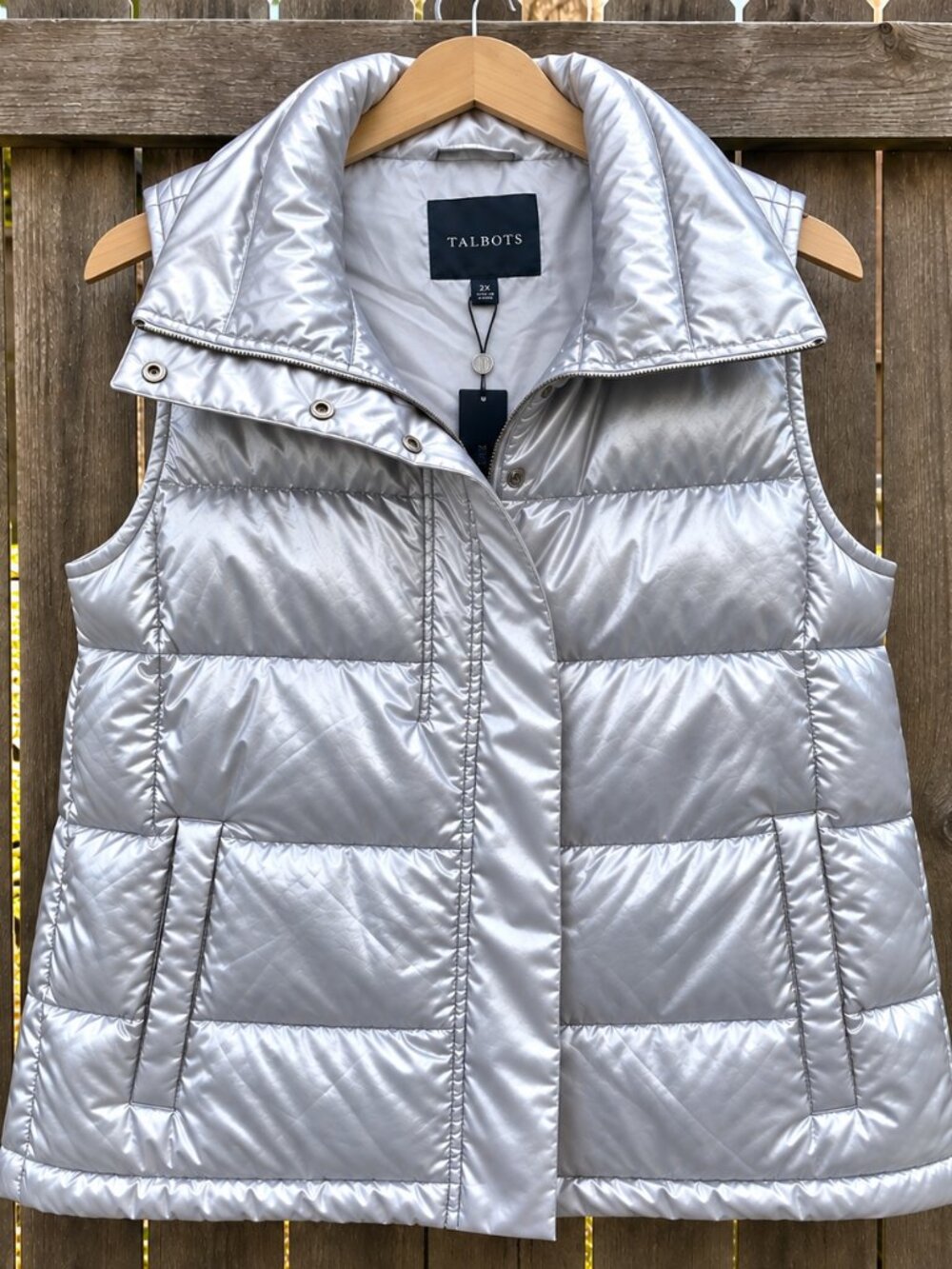NWT Talbots 2X Silver Metallic Quilted Down Puffer Vest Size Plus Pearlized
